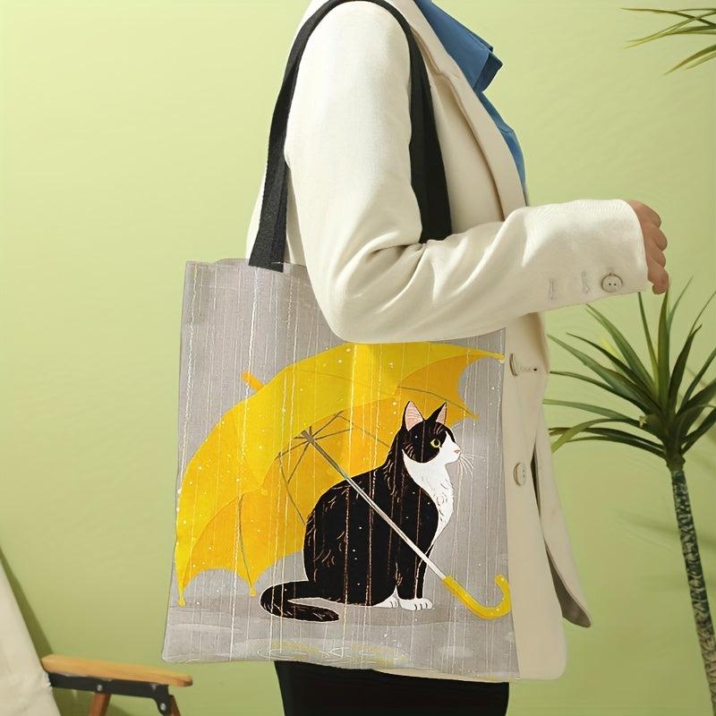 Cartoon Cat Print Shoulder Bag Versatile Shopper Storage Bag Lightweight