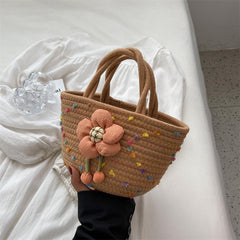 Colorful Woven Tote Bag Flower Decor Holiday Beach Bag