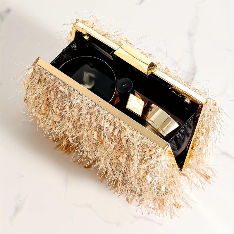 Metal Chain Clutch Textured Frame Purse Wedding Party Bag