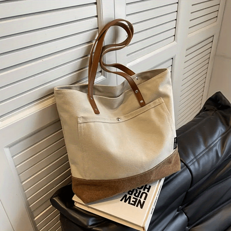 Solid Canvas Handbag Tote Bag Large Capacity Zippered Shoulder Bag