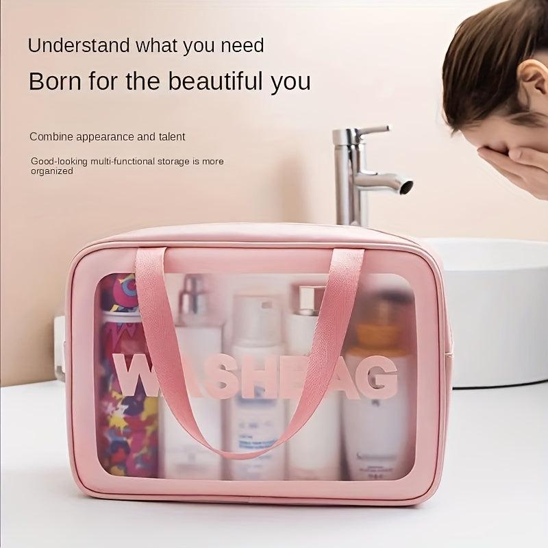 Pink Waterproof Transparent Cosmetic Bag Large Capacity PU Leather Storage Bag