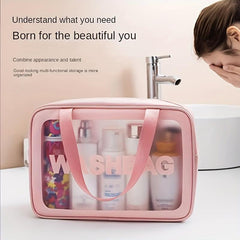 Pink Waterproof Transparent Cosmetic Bag Large Capacity PU Leather Storage Bag