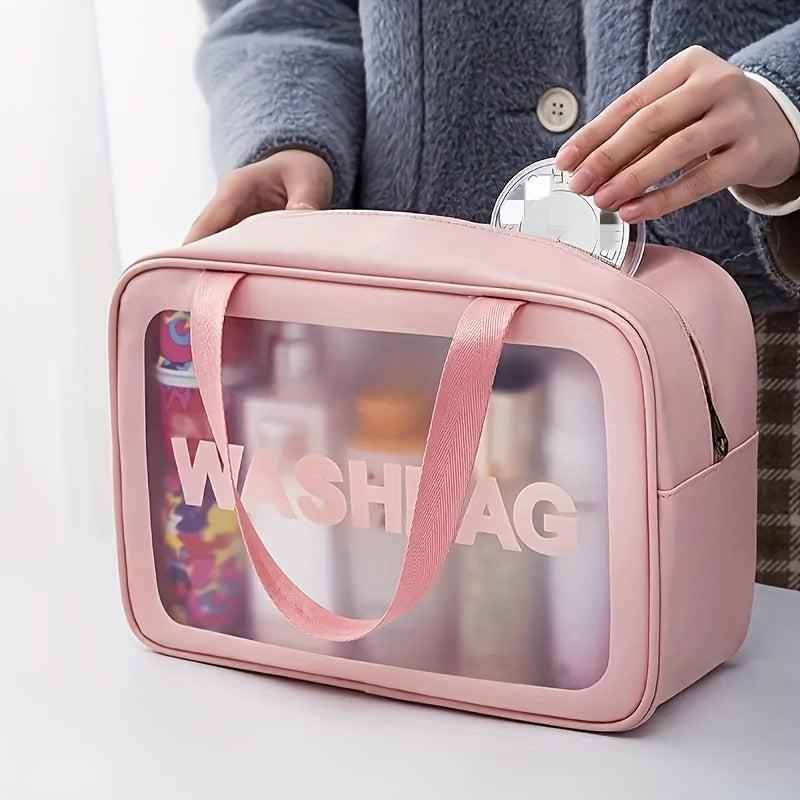 Pink Waterproof Transparent Cosmetic Bag Large Capacity PU Leather Storage Bag