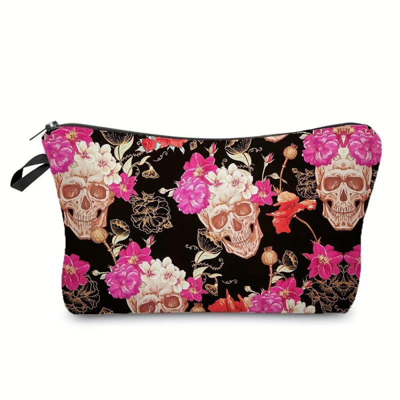 Skull Print Zipper Storage Bag Makeup Organizer Halloween Clutch Pouch