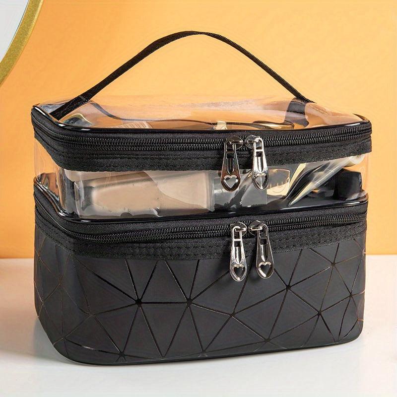 Geometric Pattern Clear PVC Makeup Storage Bag Dual Compartment Portable