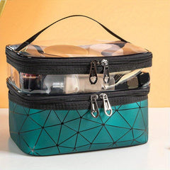 Geometric Pattern Clear PVC Makeup Storage Bag Dual Compartment Portable