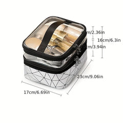 Geometric Pattern Clear PVC Makeup Storage Bag Dual Compartment Portable