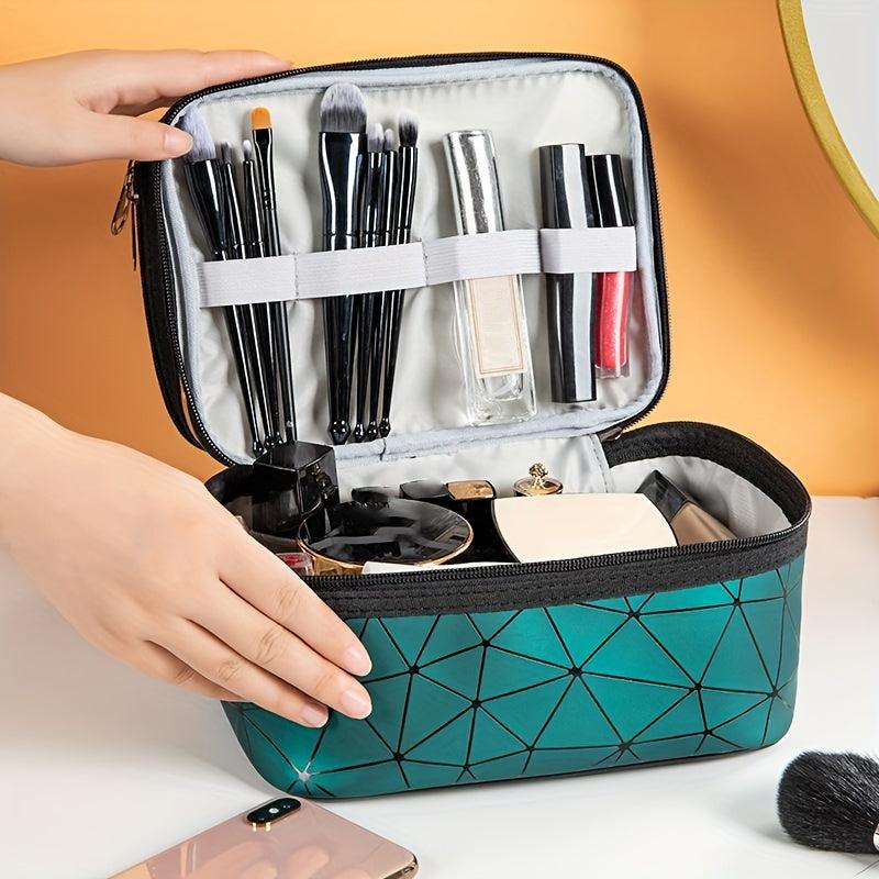 Geometric Pattern Clear PVC Makeup Storage Bag Dual Compartment Portable