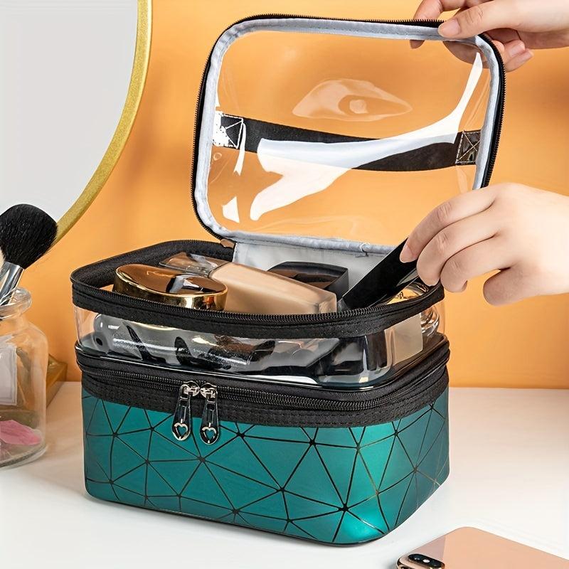 Geometric Pattern Clear PVC Makeup Storage Bag Dual Compartment Portable