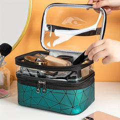Geometric Pattern Clear PVC Makeup Storage Bag Dual Compartment Portable