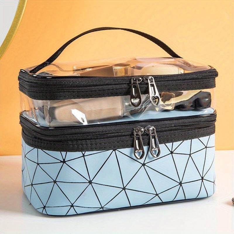 Geometric Pattern Clear PVC Makeup Storage Bag Dual Compartment Portable