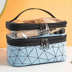Geometric Pattern Clear PVC Makeup Storage Bag Dual Compartment Portable
