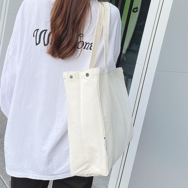 Solid Canvas Tote Bag Large Capacity Shoulder Bag Reusable Shopping