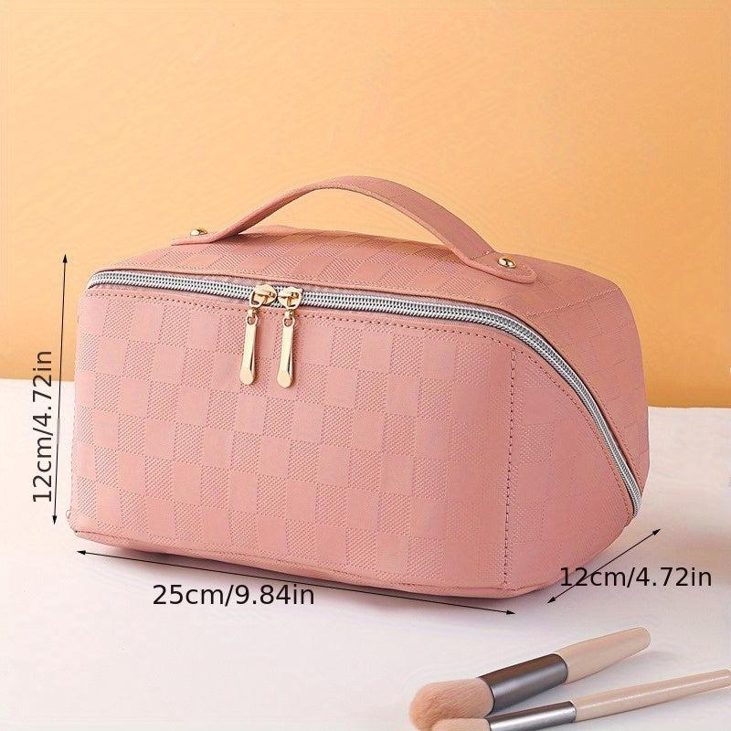 Checkerboard Cosmetic Bag PU Leather Make Up Pouch Travel Toiletries Organizer