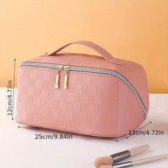Checkerboard Cosmetic Bag PU Leather Make Up Pouch Travel Toiletries Organizer