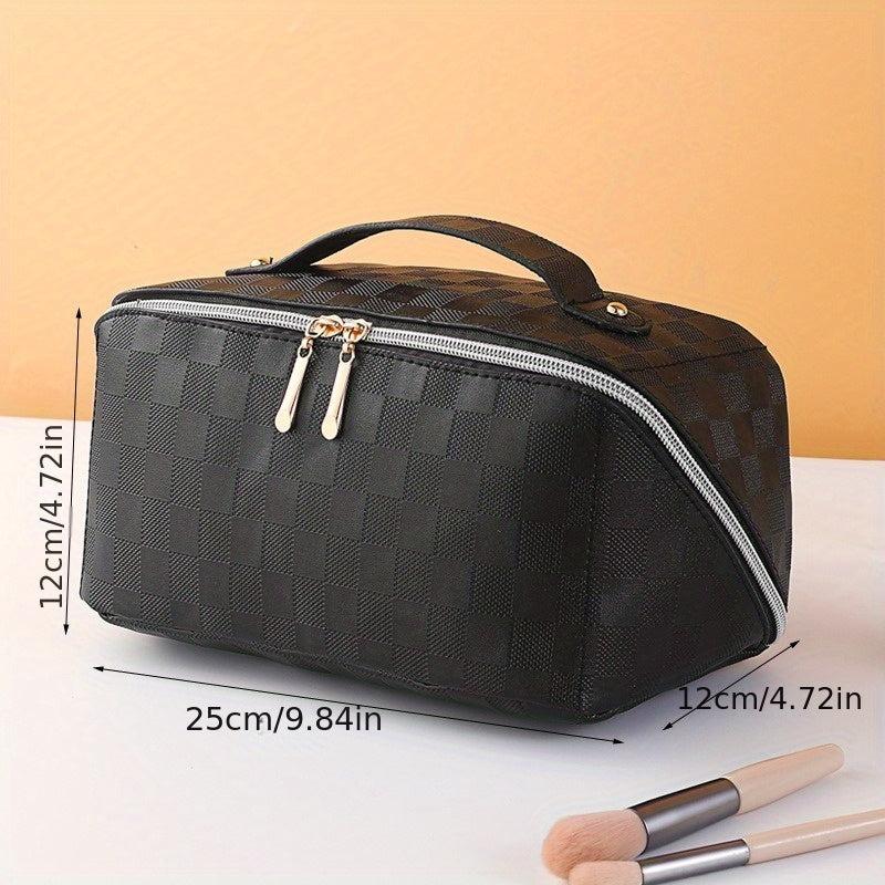 Checkerboard Cosmetic Bag PU Leather Make Up Pouch Travel Toiletries Organizer