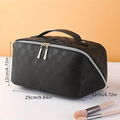 Checkerboard Cosmetic Bag PU Leather Make Up Pouch Travel Toiletries Organizer