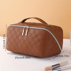 Checkerboard Cosmetic Bag PU Leather Make Up Pouch Travel Toiletries Organizer