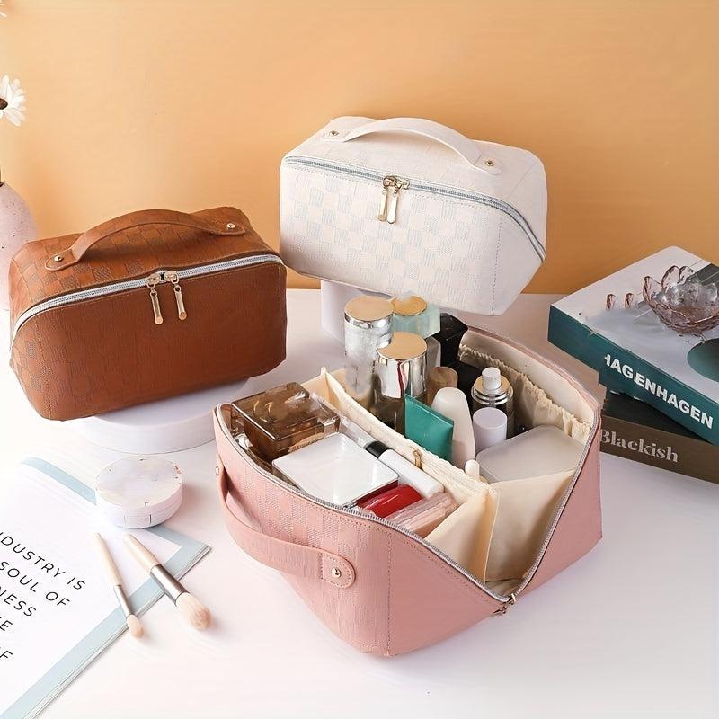 Checkerboard Cosmetic Bag PU Leather Make Up Pouch Travel Toiletries Organizer