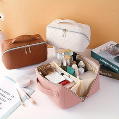 Checkerboard Cosmetic Bag PU Leather Make Up Pouch Travel Toiletries Organizer