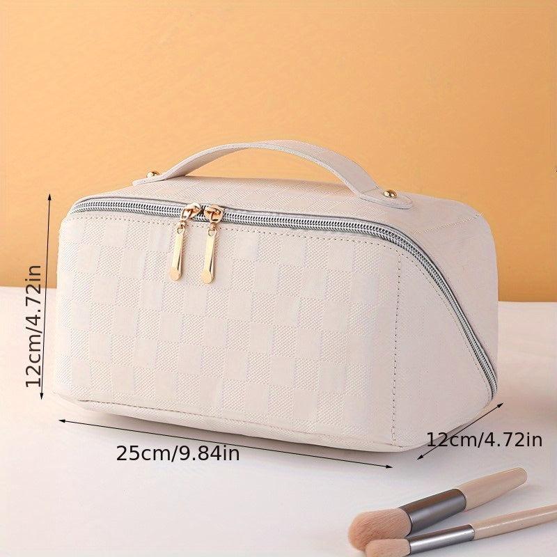 Checkerboard Cosmetic Bag PU Leather Make Up Pouch Travel Toiletries Organizer