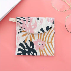Leaf Print Flap Period Pouch - Reusable Sanitary Napkin Pads Storage Bag
