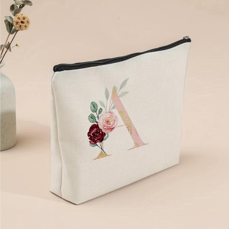 Letter & Flower Pattern Carry On Bag Zipper Canvas Makeup Pouch