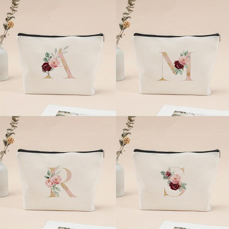 Letter & Flower Pattern Carry On Bag Zipper Canvas Makeup Pouch