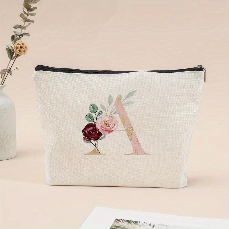 Letter & Flower Pattern Carry On Bag Zipper Canvas Makeup Pouch
