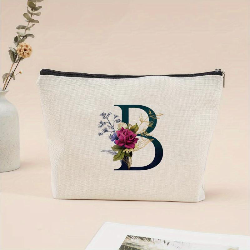 Letter & Flower Print Zipper Storage Pouch Lightweight Canvas Bag
