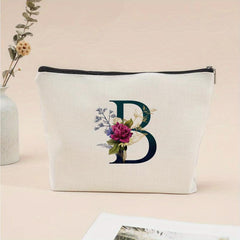 Letter & Flower Print Zipper Storage Pouch Lightweight Canvas Bag