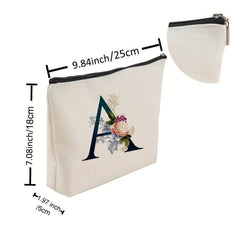 Letter & Flower Print Zipper Storage Pouch Lightweight Canvas Bag