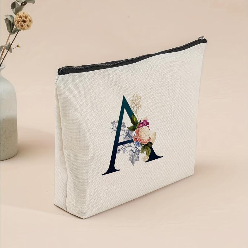 Letter & Flower Print Zipper Storage Pouch Lightweight Canvas Bag
