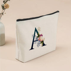 Letter & Flower Print Zipper Storage Pouch Lightweight Canvas Bag