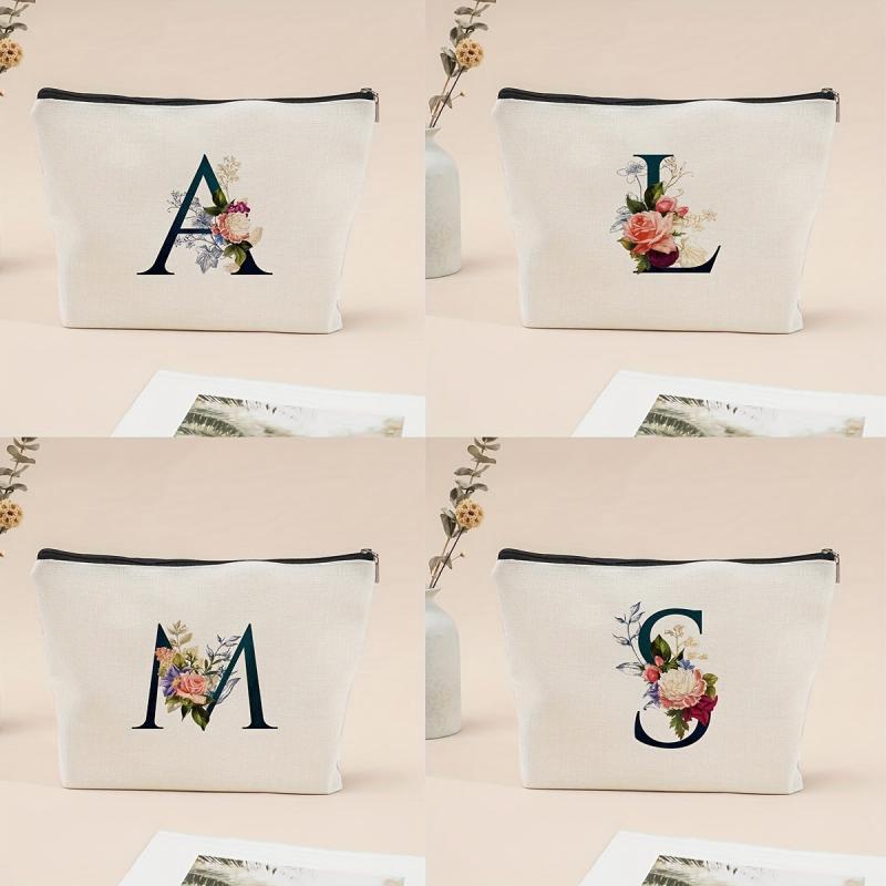 Letter & Flower Print Zipper Storage Pouch Lightweight Canvas Bag