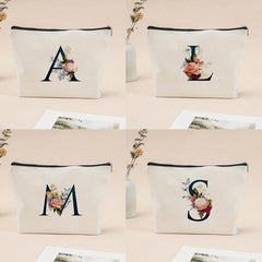 Letter & Flower Print Zipper Storage Pouch Lightweight Canvas Bag