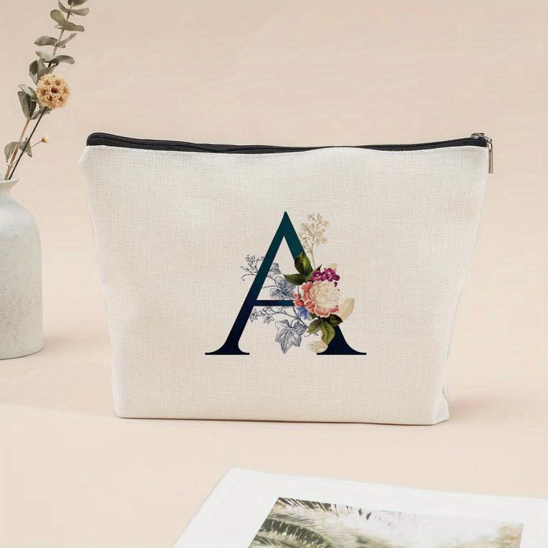 Letter & Flower Print Zipper Storage Pouch Lightweight Canvas Bag