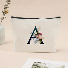 Letter & Flower Print Zipper Storage Pouch Lightweight Canvas Bag