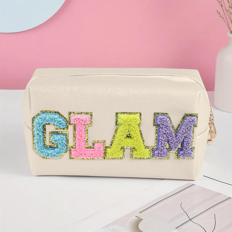 Chenille Letter Decor Cosmetic Bag Portable PU Leather Toiletry Bag