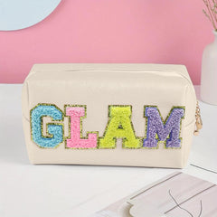 Chenille Letter Decor Cosmetic Bag Portable PU Leather Toiletry Bag