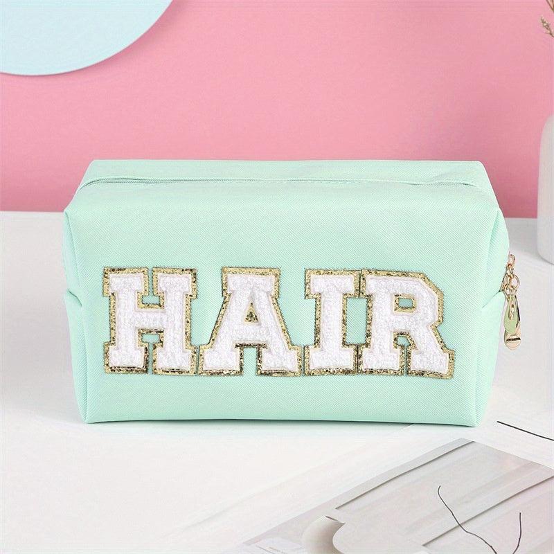Chenille Letter Decor Cosmetic Bag Portable PU Leather Toiletry Bag