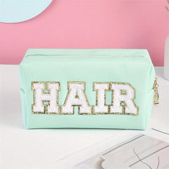 Chenille Letter Decor Cosmetic Bag Portable PU Leather Toiletry Bag