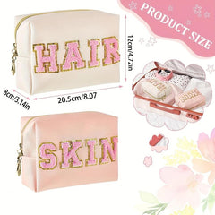 Chenille Letter Decor Cosmetic Bag Portable PU Leather Toiletry Bag