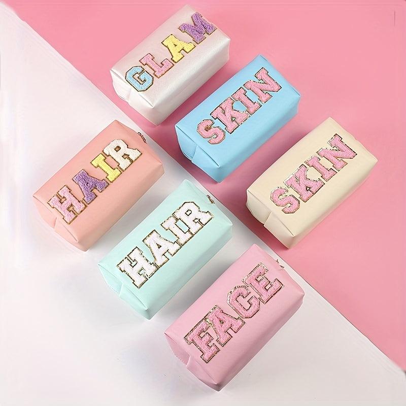 Chenille Letter Decor Cosmetic Bag Portable PU Leather Toiletry Bag