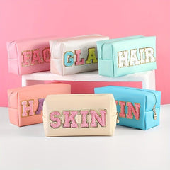 Chenille Letter Decor Cosmetic Bag Portable PU Leather Toiletry Bag