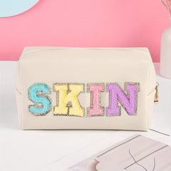 Chenille Letter Decor Cosmetic Bag Portable PU Leather Toiletry Bag
