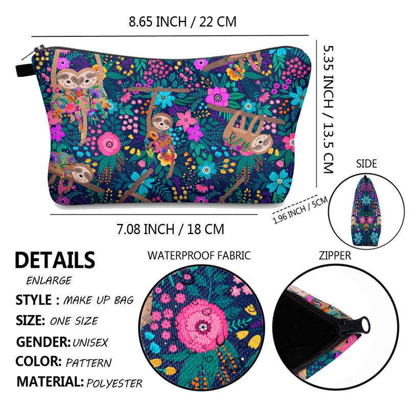 Sloth & Floral Print Zipper Cosmetic Bag Waterproof Makeup Storage Bag