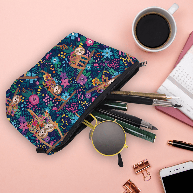 Sloth & Floral Print Zipper Cosmetic Bag Waterproof Makeup Storage Bag