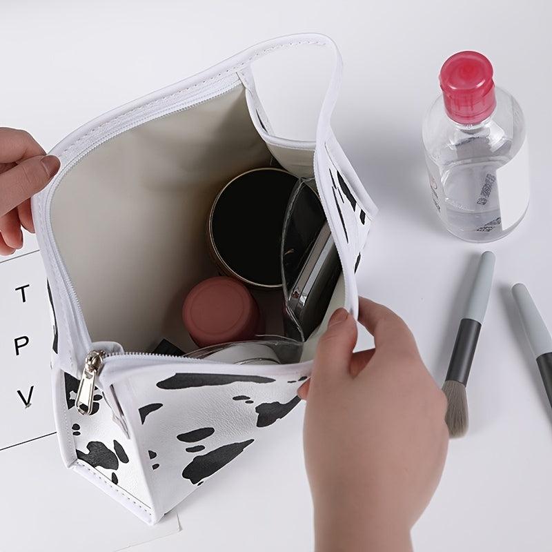 Cow Print Makeup Bag Portable Travel Toiletry Bag Faux Leather Storage Handbag