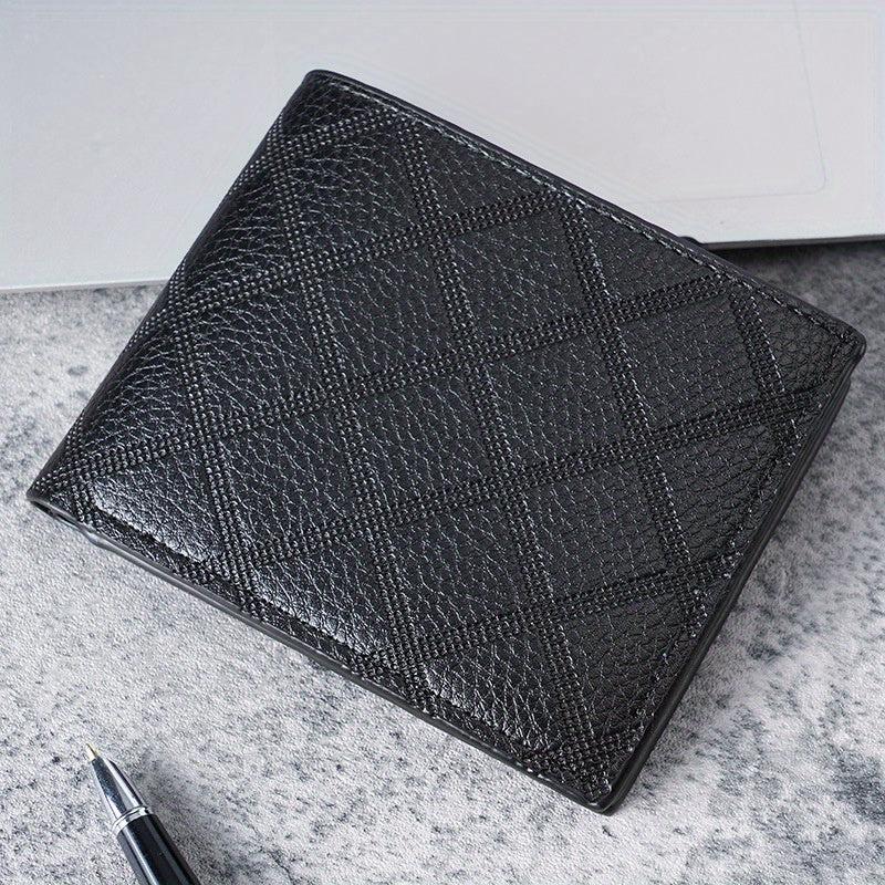 Men's Leather Short Wallet Money Clip Argyle Pattern Card Holder Purse